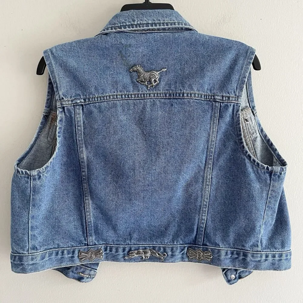 Vintage Sleeveless Jean Jacket Size L Vest Animals Pins Blue Denim 80s Music